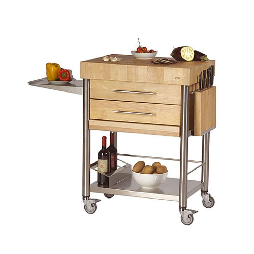 Chariot de cuisine hêtre blanc bois frontale 2 tiroirs50 x 70 